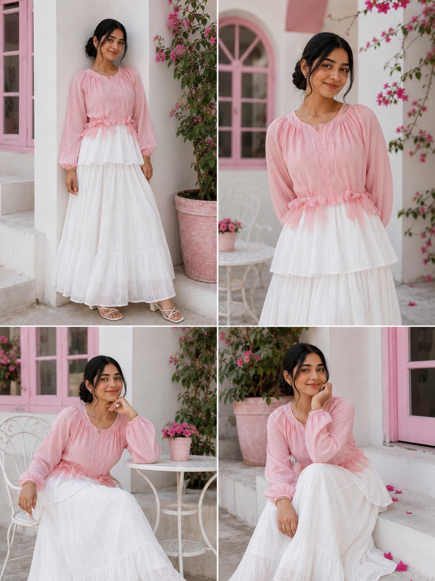 Yezwe Coral Crush Pink & White Pinterest-Inspired Skirt & Top Set displayed in a chic outdoor setting