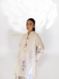 YEZWE Cotton Co-Ord Set featuring a white long kurta with purple prints and matching pants