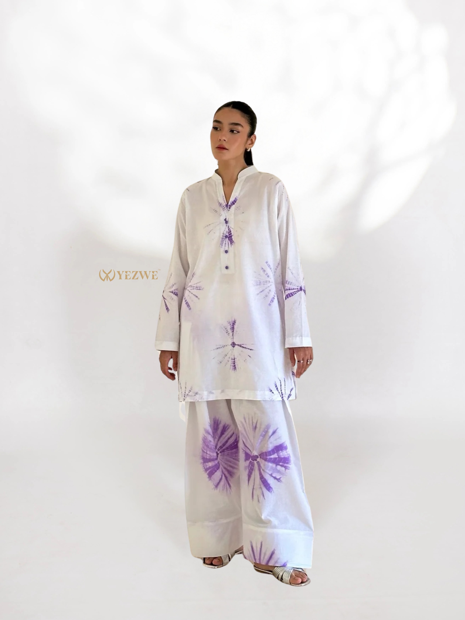 YEZWE white and purple Cotton Co-Ord Set featuring a long tunic and wide-leg pants with tie-dye design