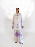 YEZWE white and purple Cotton Co-Ord Set featuring a long tunic and wide-leg pants with tie-dye design