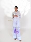 YEZWE white and purple tie-dye Cotton Co-Ord Set with long top and wide-leg pants