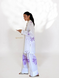 YEZWE white and purple Cotton Co-Ord Set featuring a long button-up top and wide-leg pants