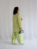YEZWE Cotton Modest Co-ord Set in light green with long sleeves and wide-leg pants styled with a black handbag