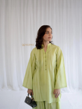 YEZWE Cotton Modest Co-ord Set in light green with long sleeves and button detail styled with black handbag