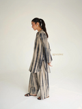 YEZWE Cotton Modest Co-ord Set featuring long striped top and wide-leg pants in neutral tones