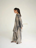 YEZWE Cotton Modest Co-ord Set featuring long striped top and wide-leg pants in neutral tones