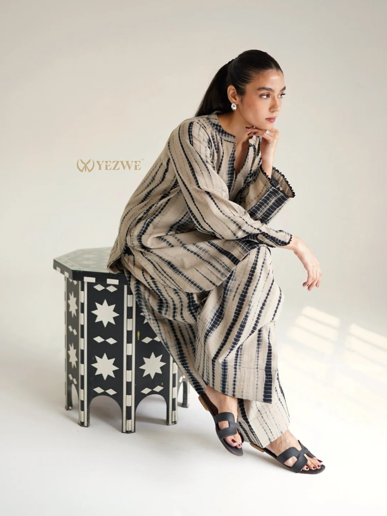 YEZWE Cotton Modest Co-ord Set featuring beige and black striped long sleeve top and matching wide-leg pants