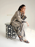 YEZWE Cotton Modest Co-ord Set featuring beige and black striped long sleeve top and matching wide-leg pants