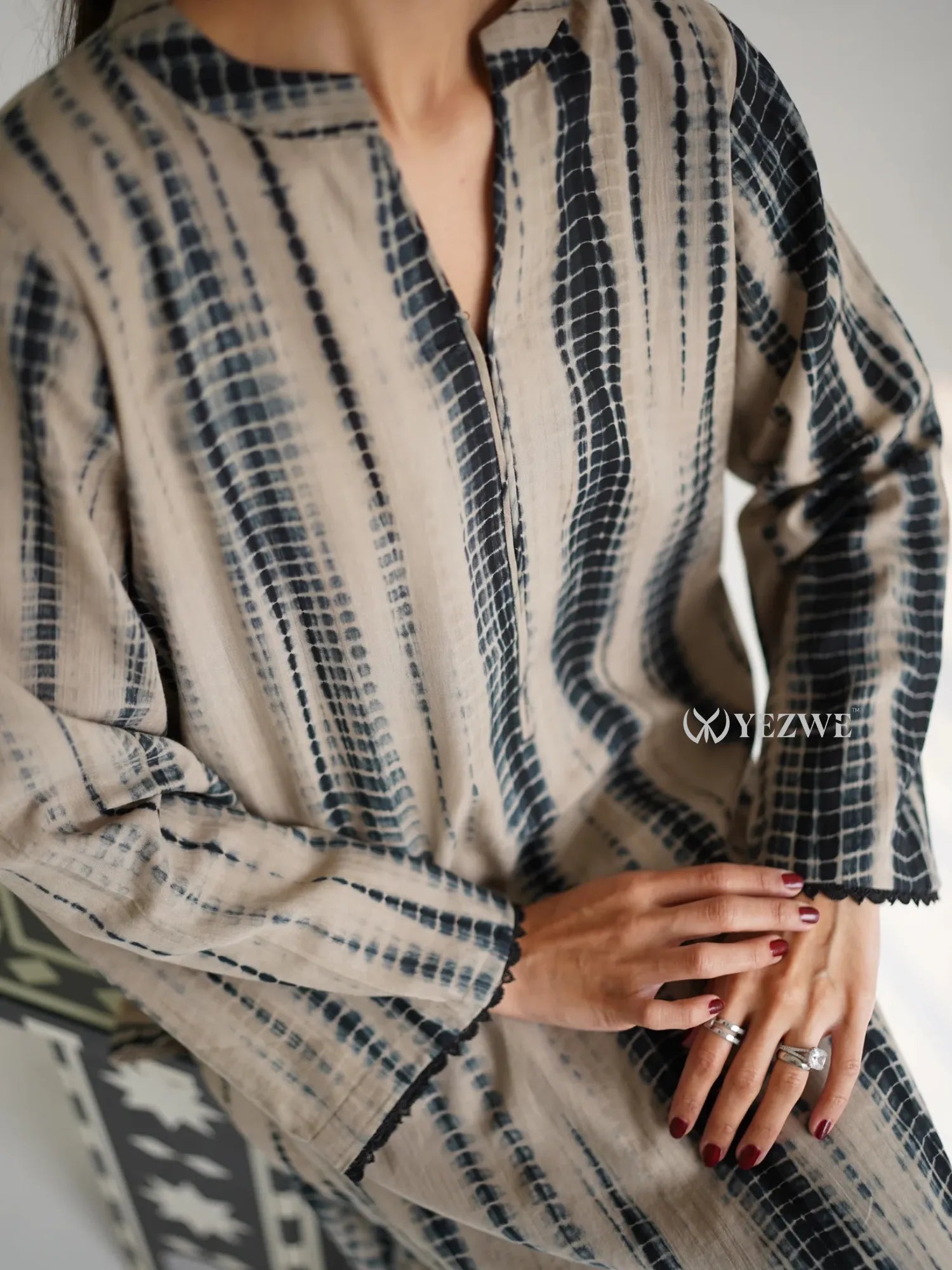 YEZWE Cotton Modest Co-ord Set featuring black and beige tie-dye pattern with long sleeves and subtle neckline