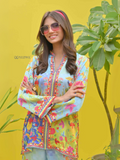 YEZWE Cotton Satin Co-Ord Set featuring a colorful floral tunic with matching bottom against a yellow background