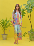 YEZWE Cotton Satin Co-Ord Set tunic with bottom featuring vibrant multi-color floral patterns