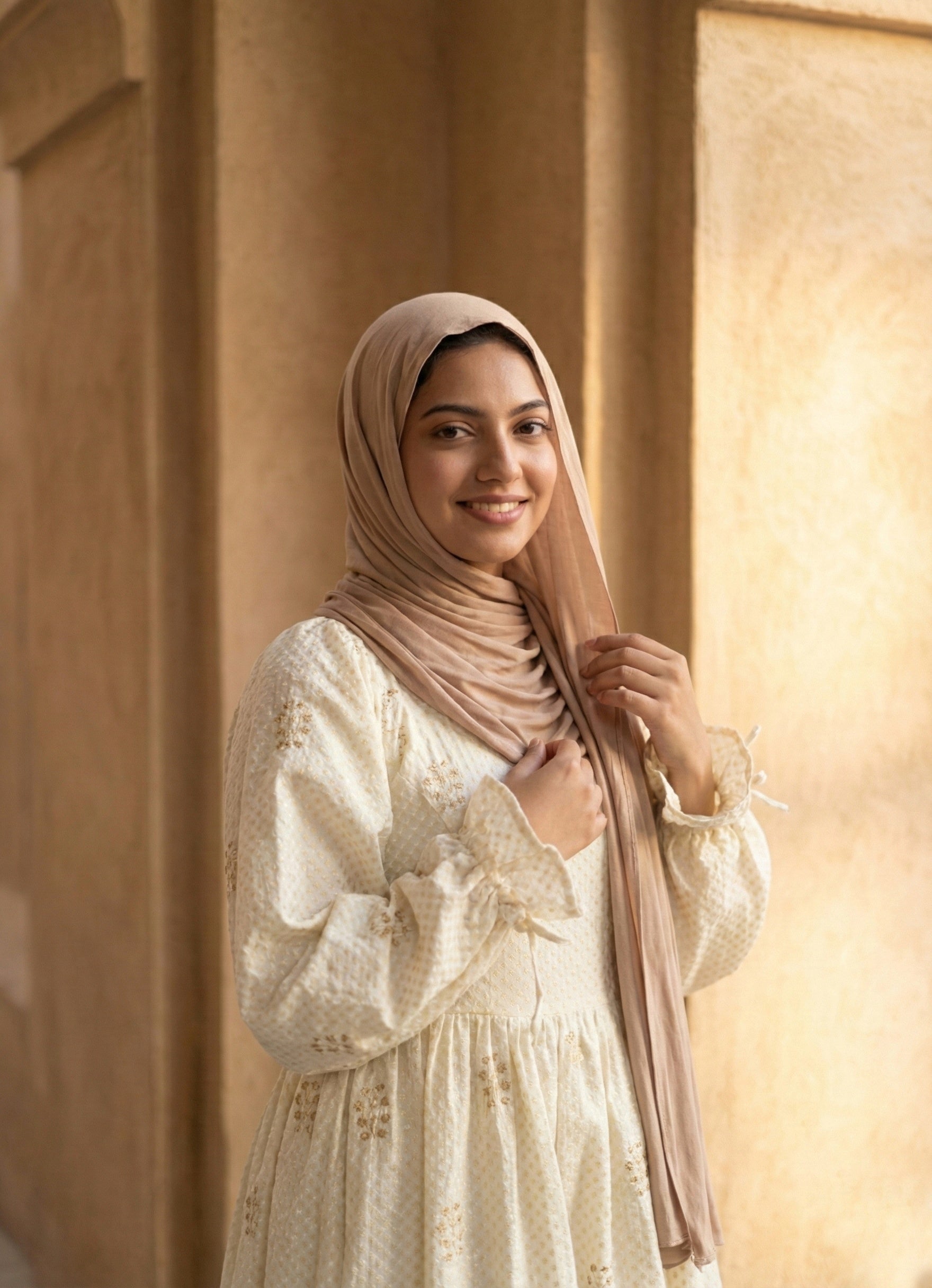 young woman wearing cream embroidered modest maxi dress with hijab smiling close up portrait indoors warm light
