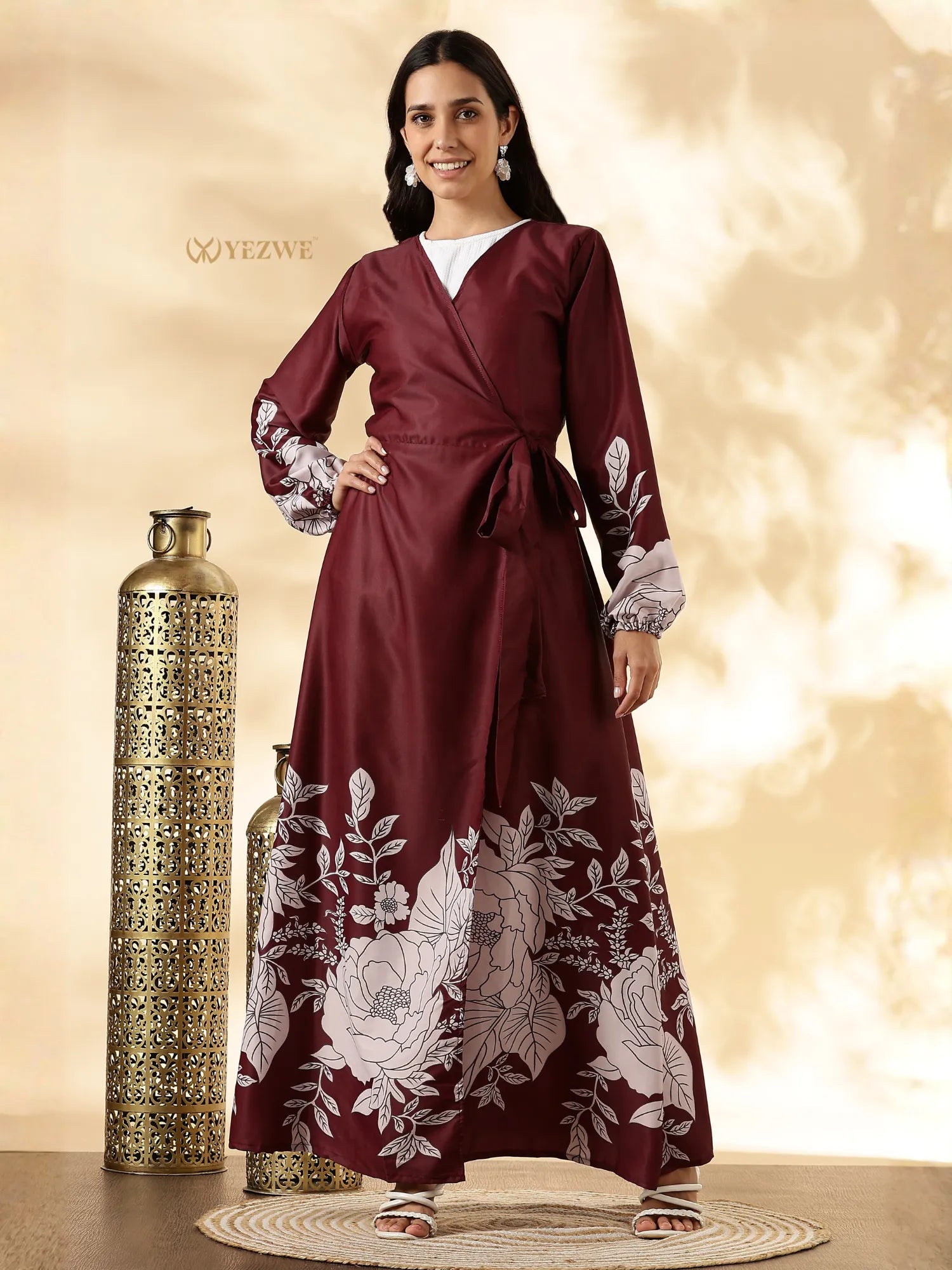 Customizable modest maxi dress by YEZWE in burgundy with floral print and wrap design
