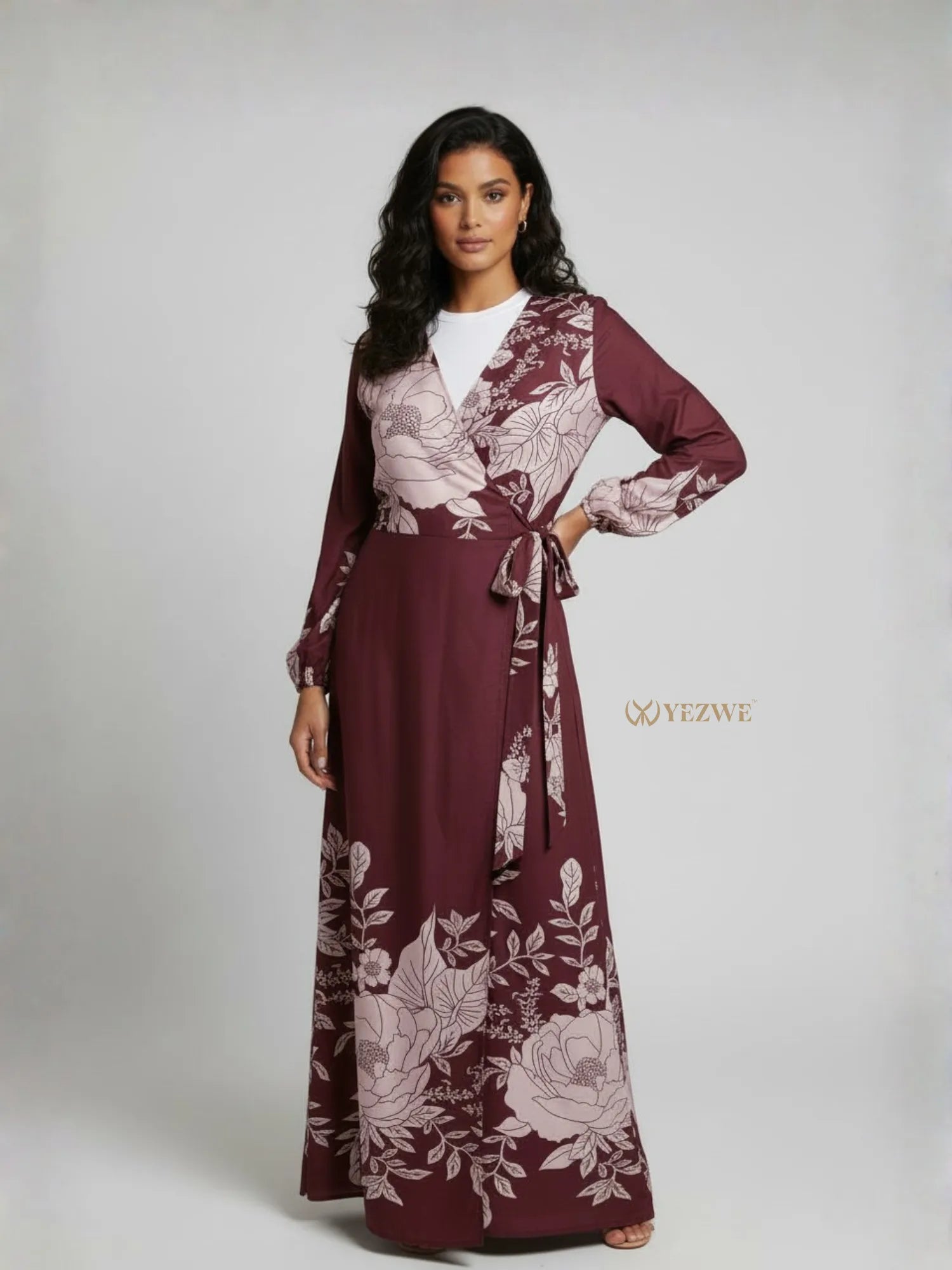 YEZWE customizable modest maxi dress in burgundy with floral print and wrap design