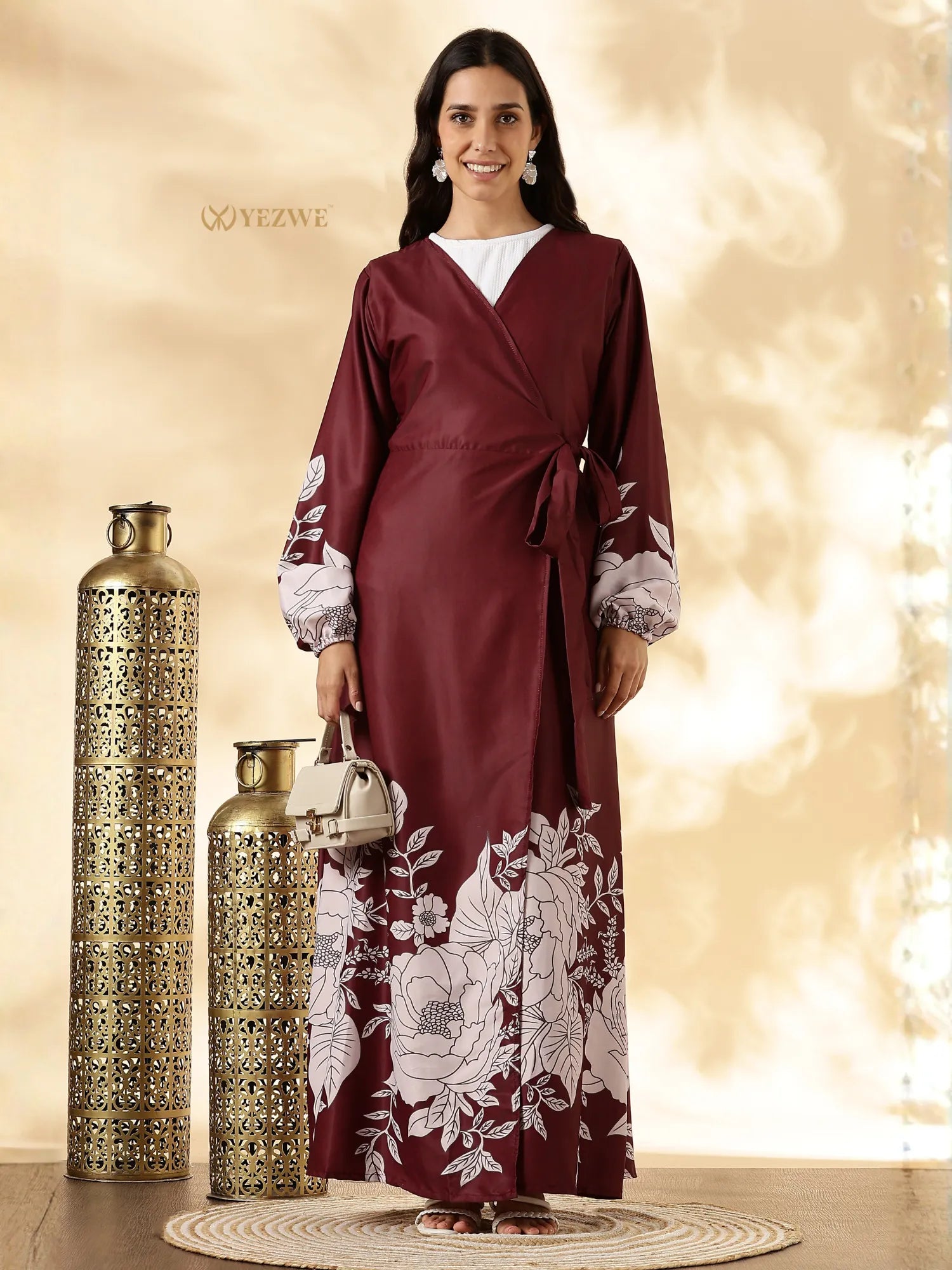 YEZWE customizable modest maxi dress in burgundy with floral print and elegant wrap design