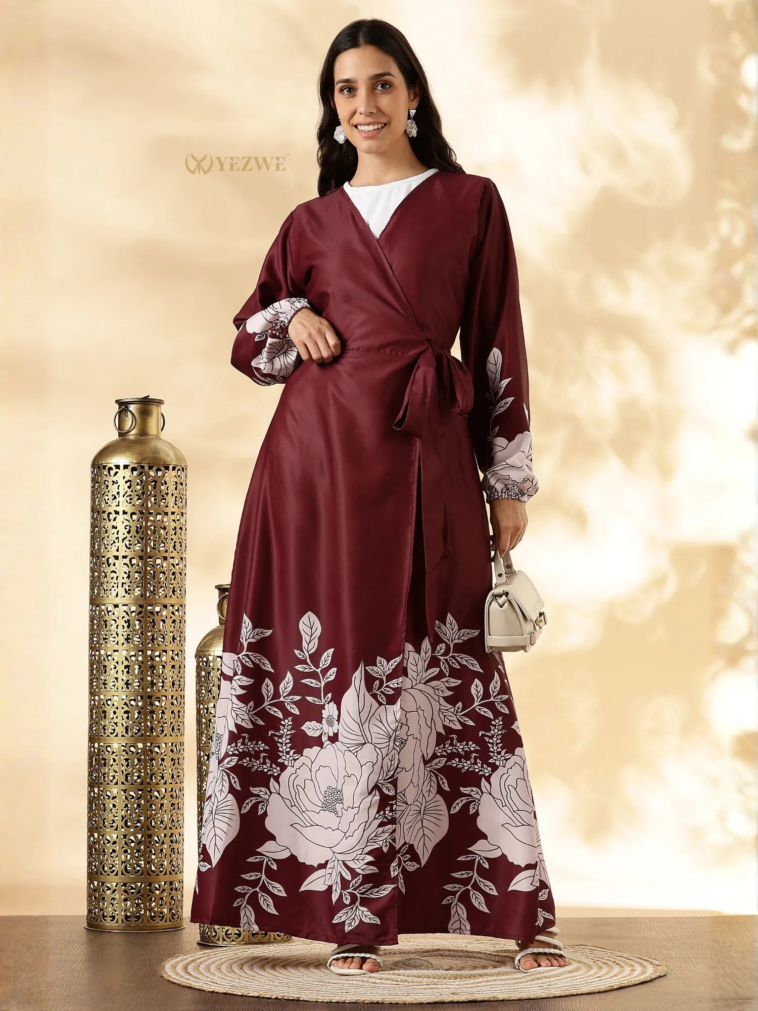 YEZWE customizable modest maxi dress in burgundy with floral patterns and a stylish wrap design