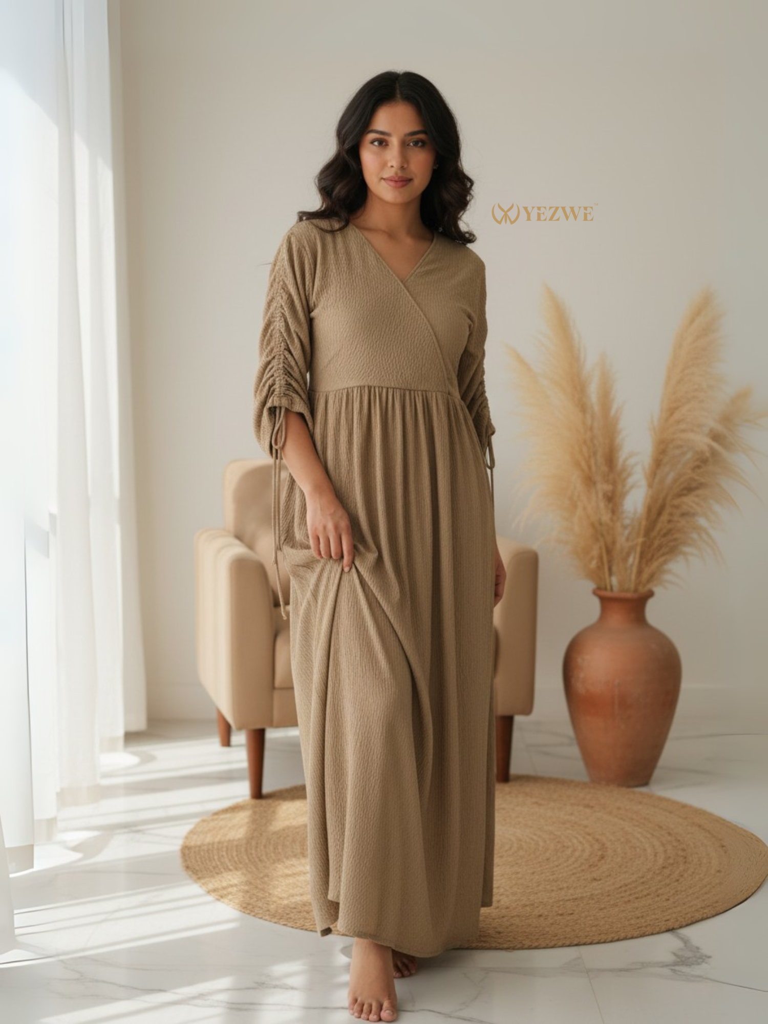 YEZWE Customizable Modest Wear Maxi Dress in Beige with relaxed sleeves and flowing silhouette