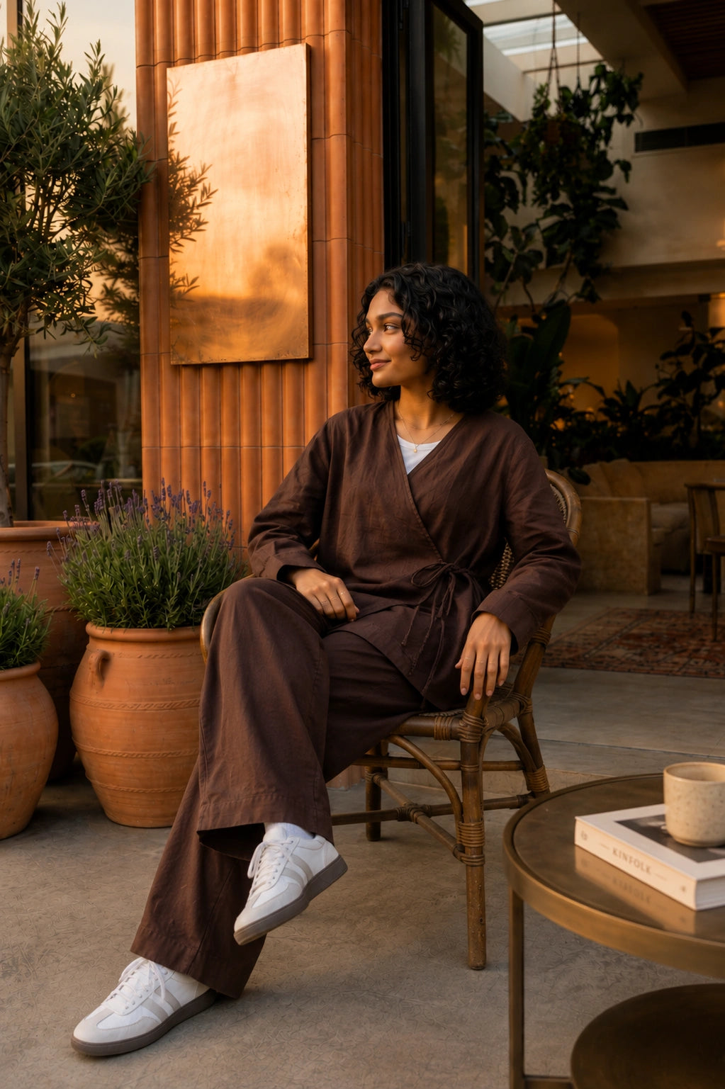 YEZWE Dark Brown Premium Linen Wrap Top Modest Co-Ord Set For Women styled elegantly in a chic outdoor setting