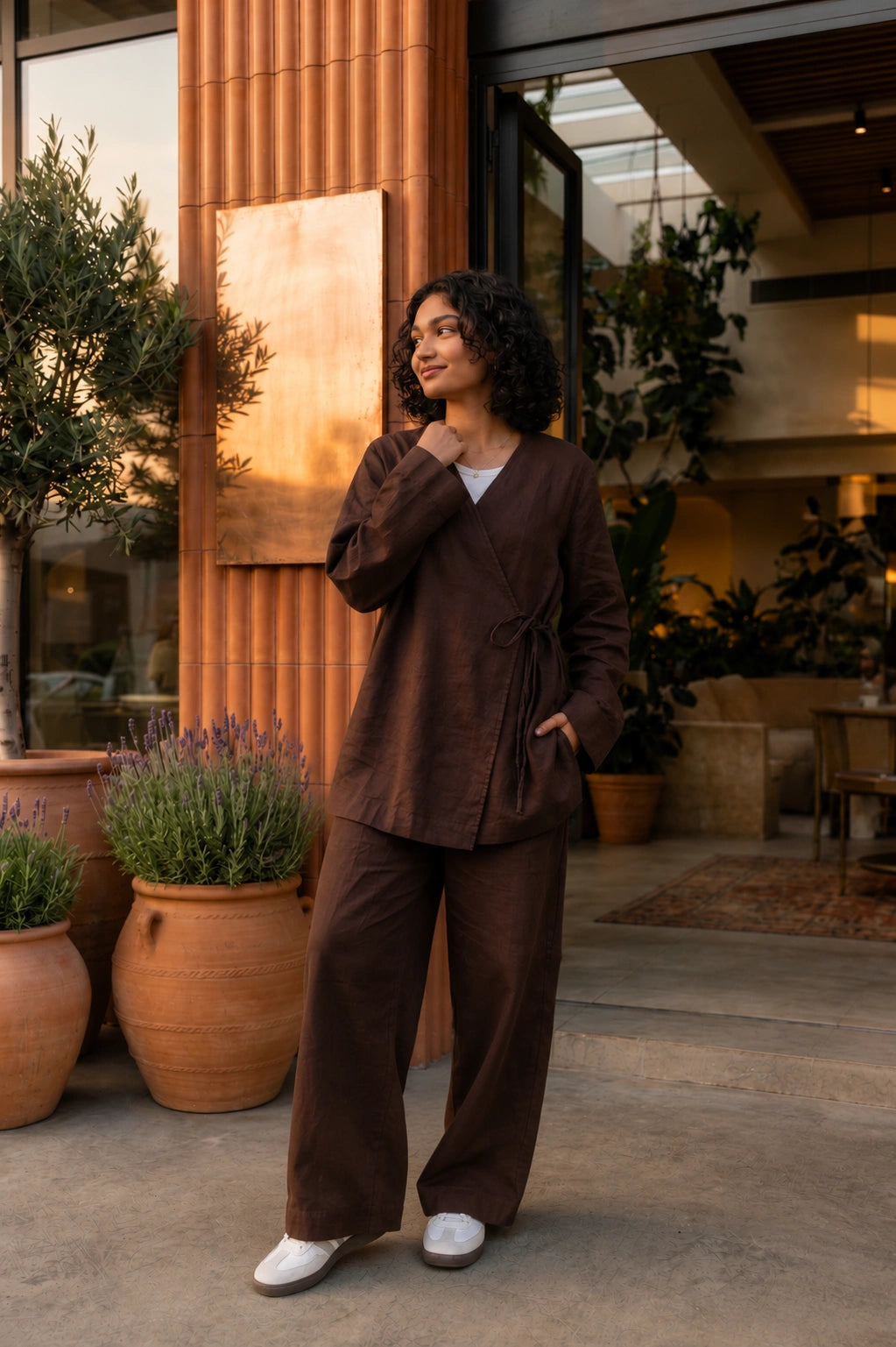 YEZWE Dark Brown Premium Linen Wrap Top Modest Co-Ord Set For Women, styled casually outdoors