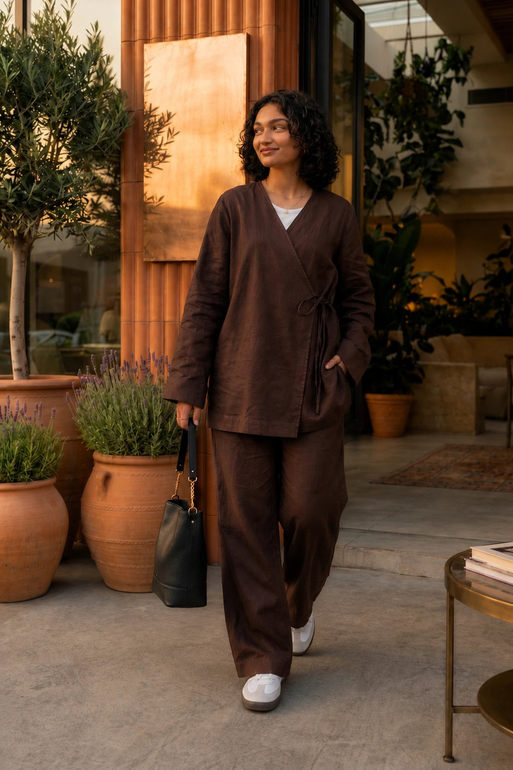YEZWE Dark Brown Premium Linen Wrap Top Modest Co-Ord Set For Women with Pants and stylish design