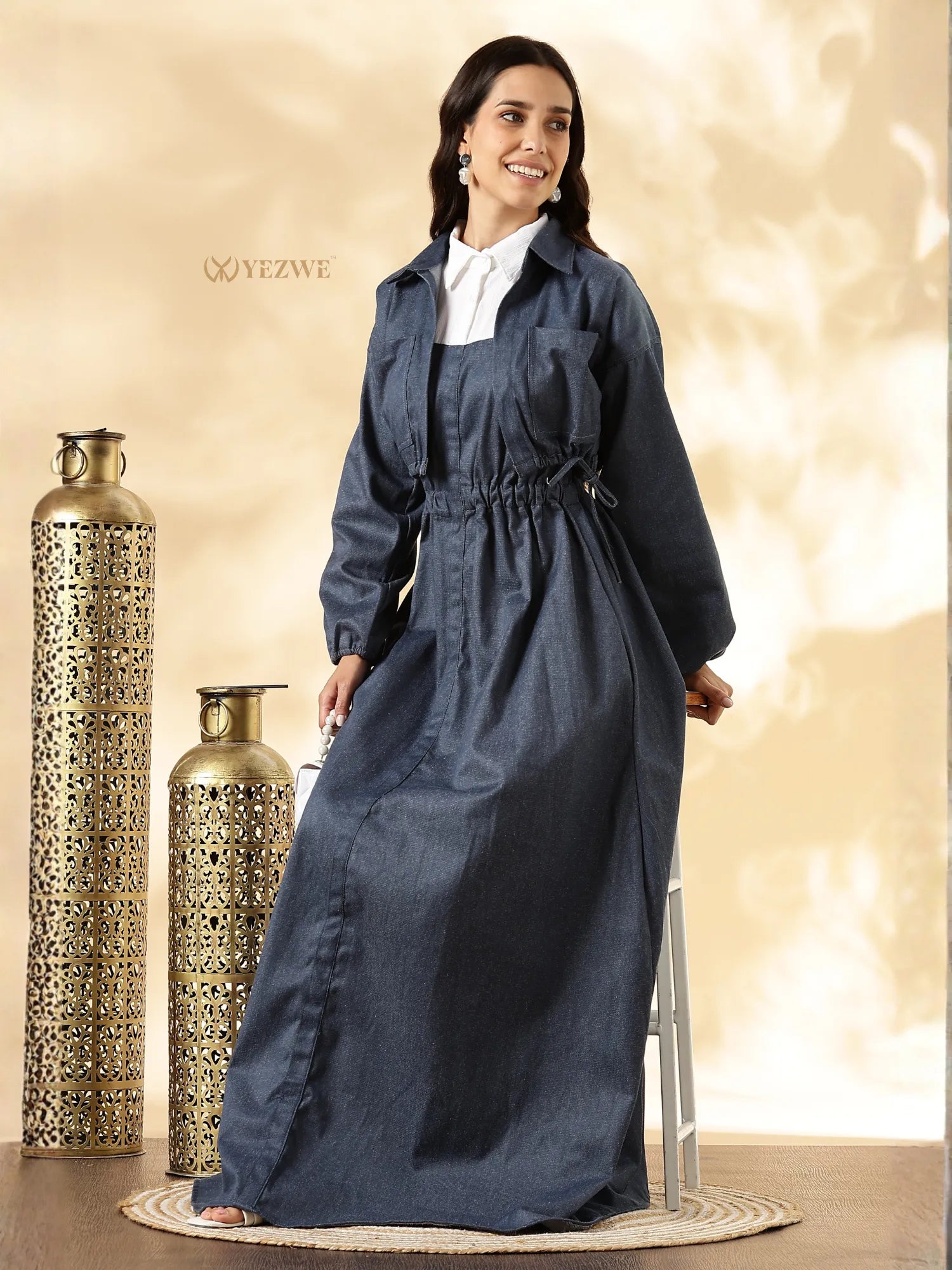 YEZWE denim maxi gown with shrug featuring a stylish tie waist and long sleeves