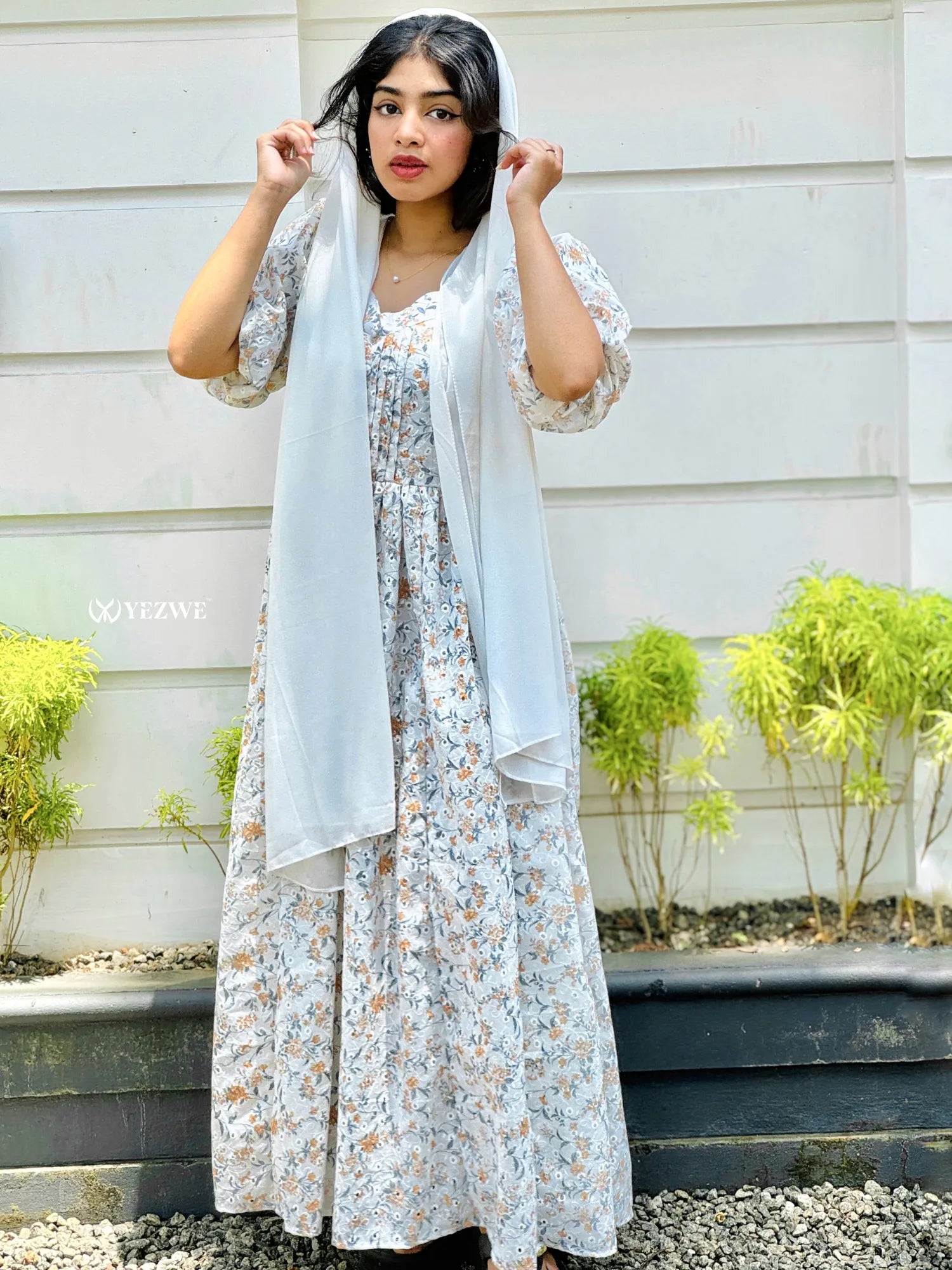 Yezwe digital floral print maxi dress with puff sleeves and elegant white scarf for a stylish look
