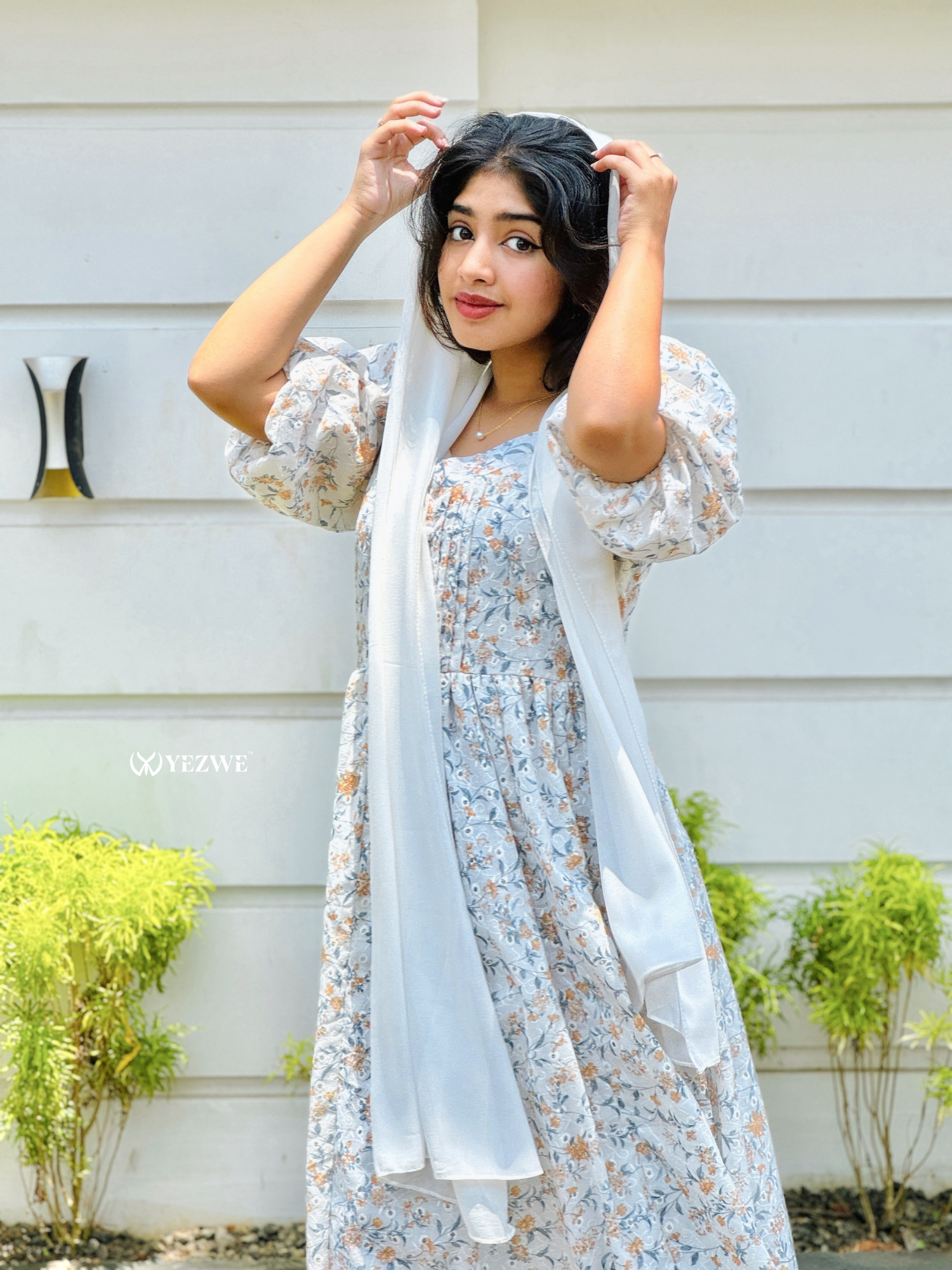Yezwe digital floral print maxi dress in light colors with puff sleeves and a matching scarf