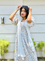 Yezwe digital floral print maxi dress in light colors with puff sleeves and a matching scarf