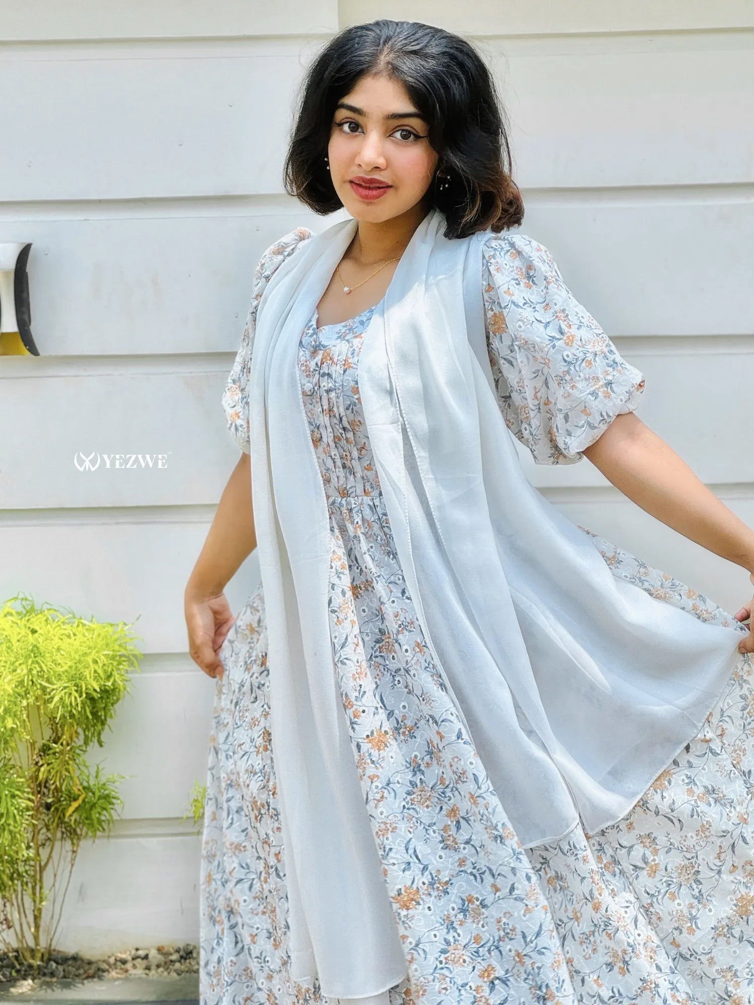 Yezwe digital floral print maxi dress with a flowing design and soft pastel colors, perfect for summer outings