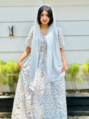 Yezwe digital floral print maxi dress with flowing silhouette and short puff sleeves