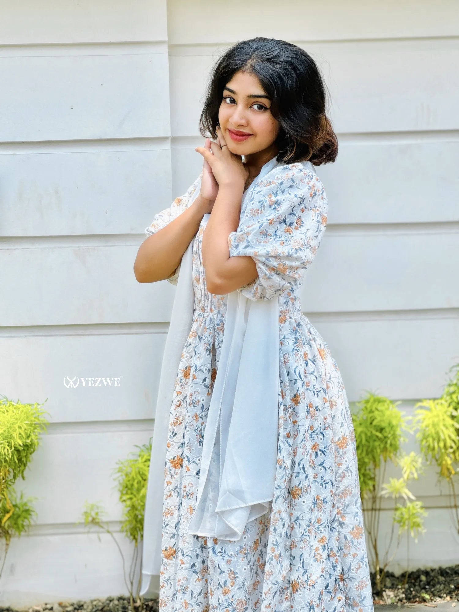 Yezwe digital floral print maxi dress with short puff sleeves and flowy design for a stylish look