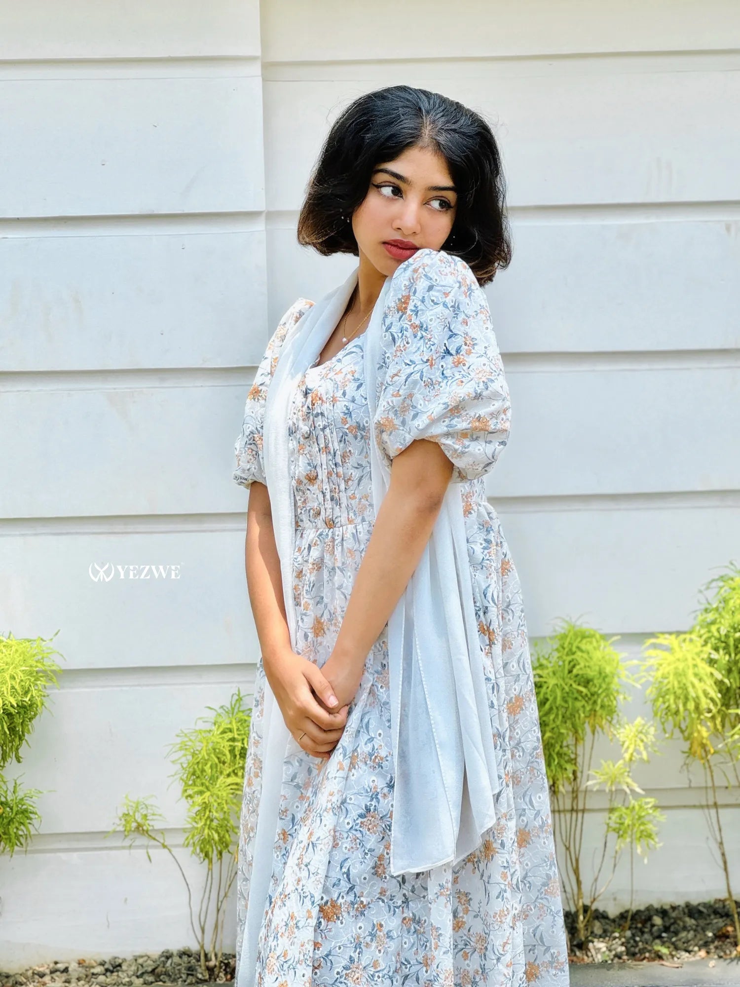 Yezwe digital floral print maxi dress featuring puff sleeves and a flowy design, perfect for summer outings