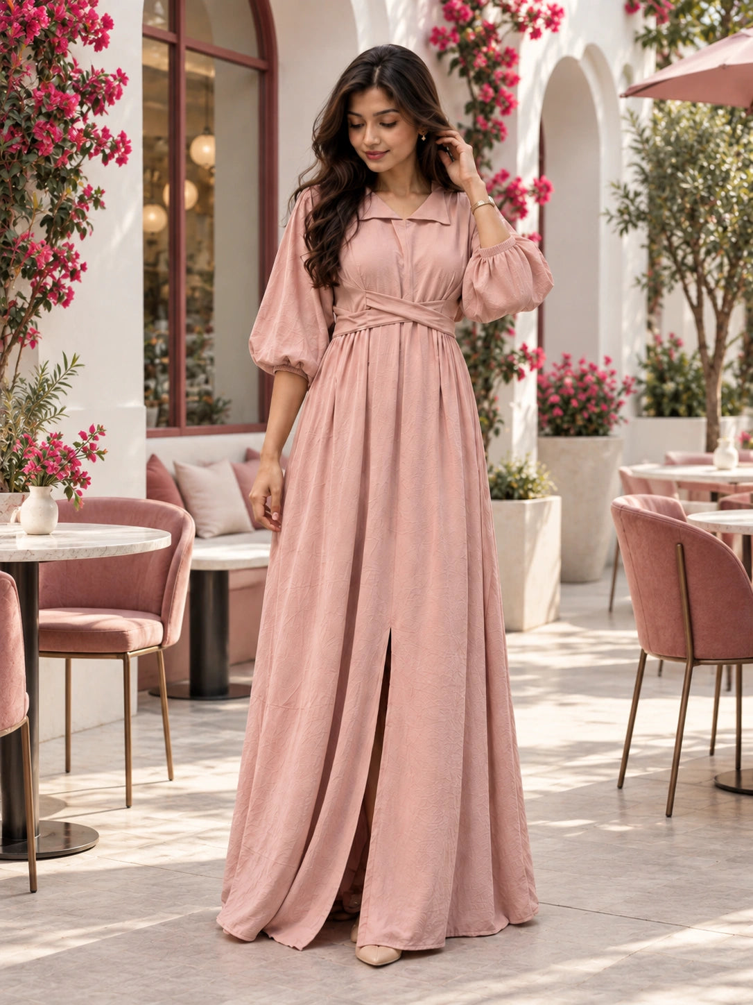 YEZWE Dusty Pink Pleated Cross-Waist Maxi Dress for Women with puff sleeves and a stylish slit