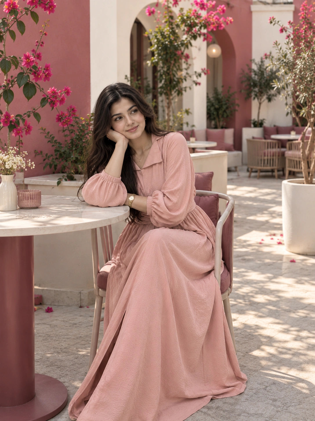 YEZWE Dusty Pink Pleated Cross-Waist Maxi Dress for Women styled in a garden setting