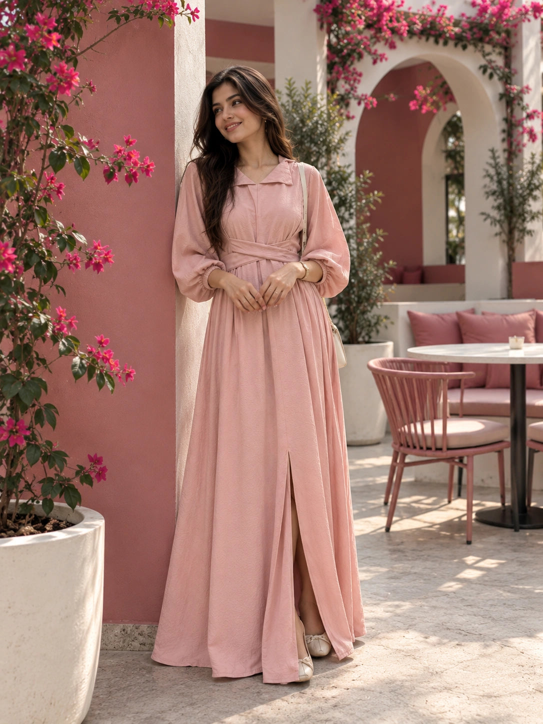 YEZWE Dusty Pink Pleated Cross-Waist Maxi Dress for Women with Elegant Design and Side Slit