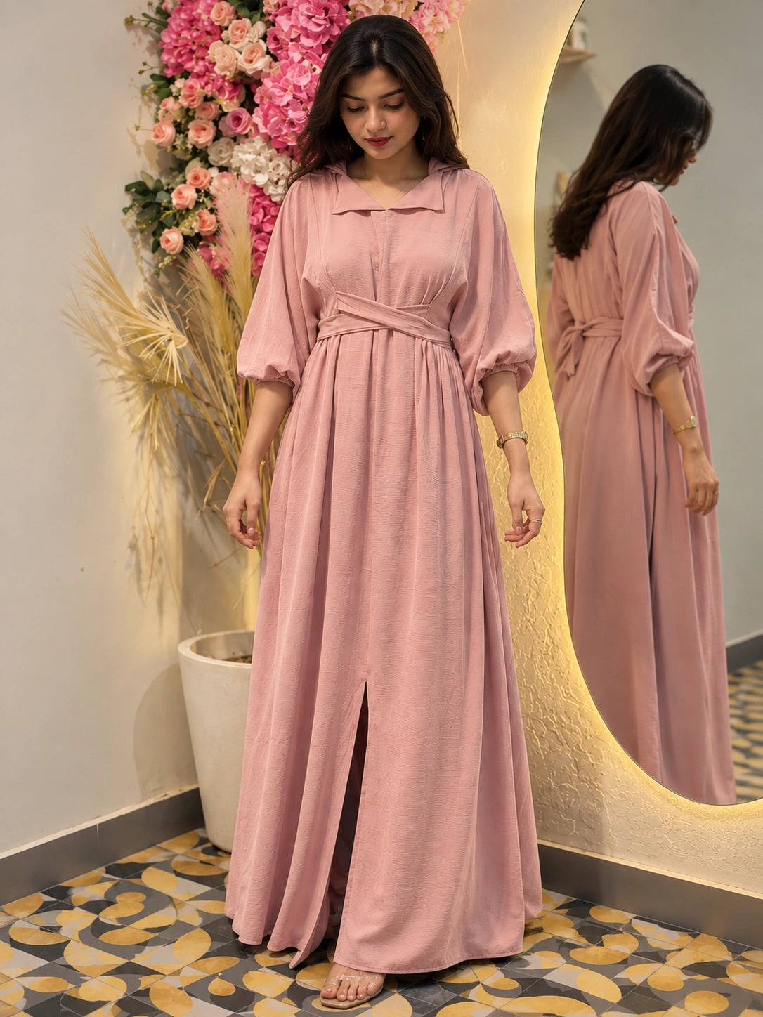 YEZWE Dusty Pink Pleated Cross-Waist Maxi Dress for Women with a stylish slit and elegant sleeves
