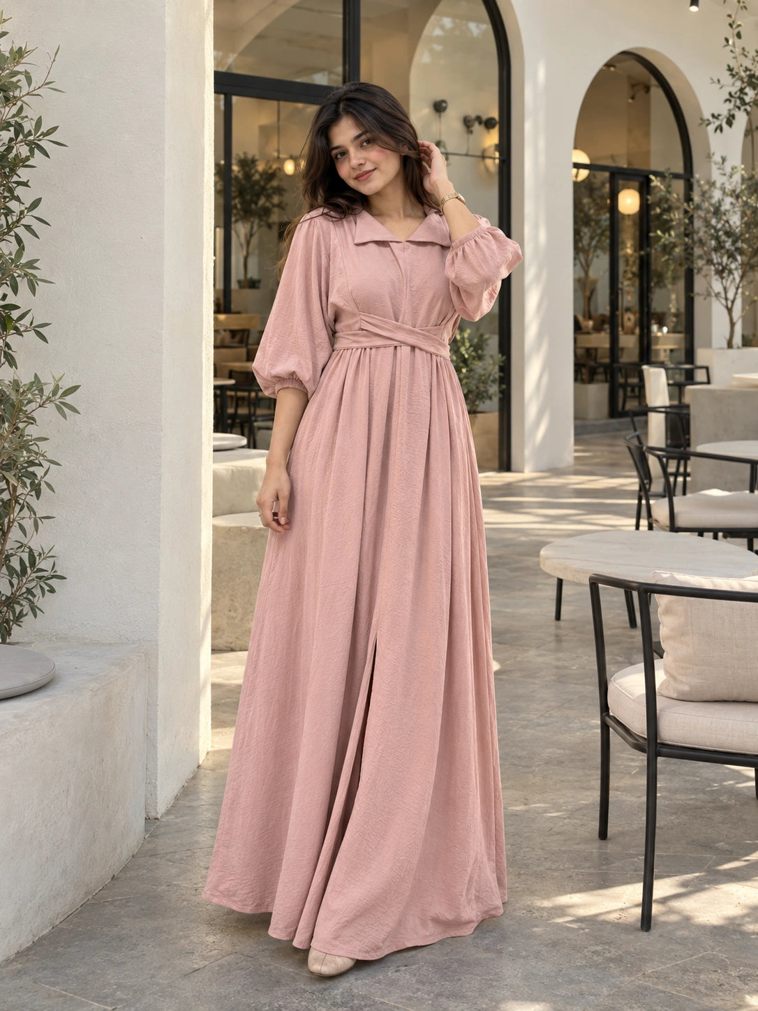 YEZWE Dusty Pink Pleated Cross-Waist Maxi Dress for Women with Puffed Sleeves and Elegant Design