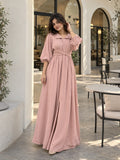 YEZWE Dusty Pink Pleated Cross-Waist Maxi Dress for Women with Puffed Sleeves and Elegant Design