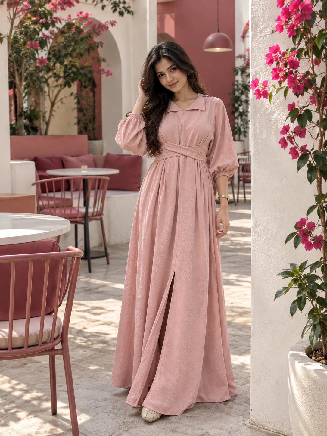 YEZWE Dusty Pink Pleated Cross-Waist Maxi Dress for Women styled in a sunny outdoor setting