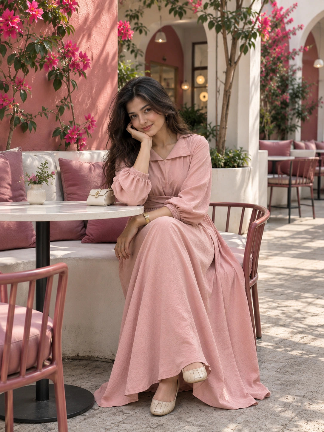 YEZWE Dusty Pink Pleated Cross-Waist Maxi Dress for Women styled in a vibrant outdoor café setting