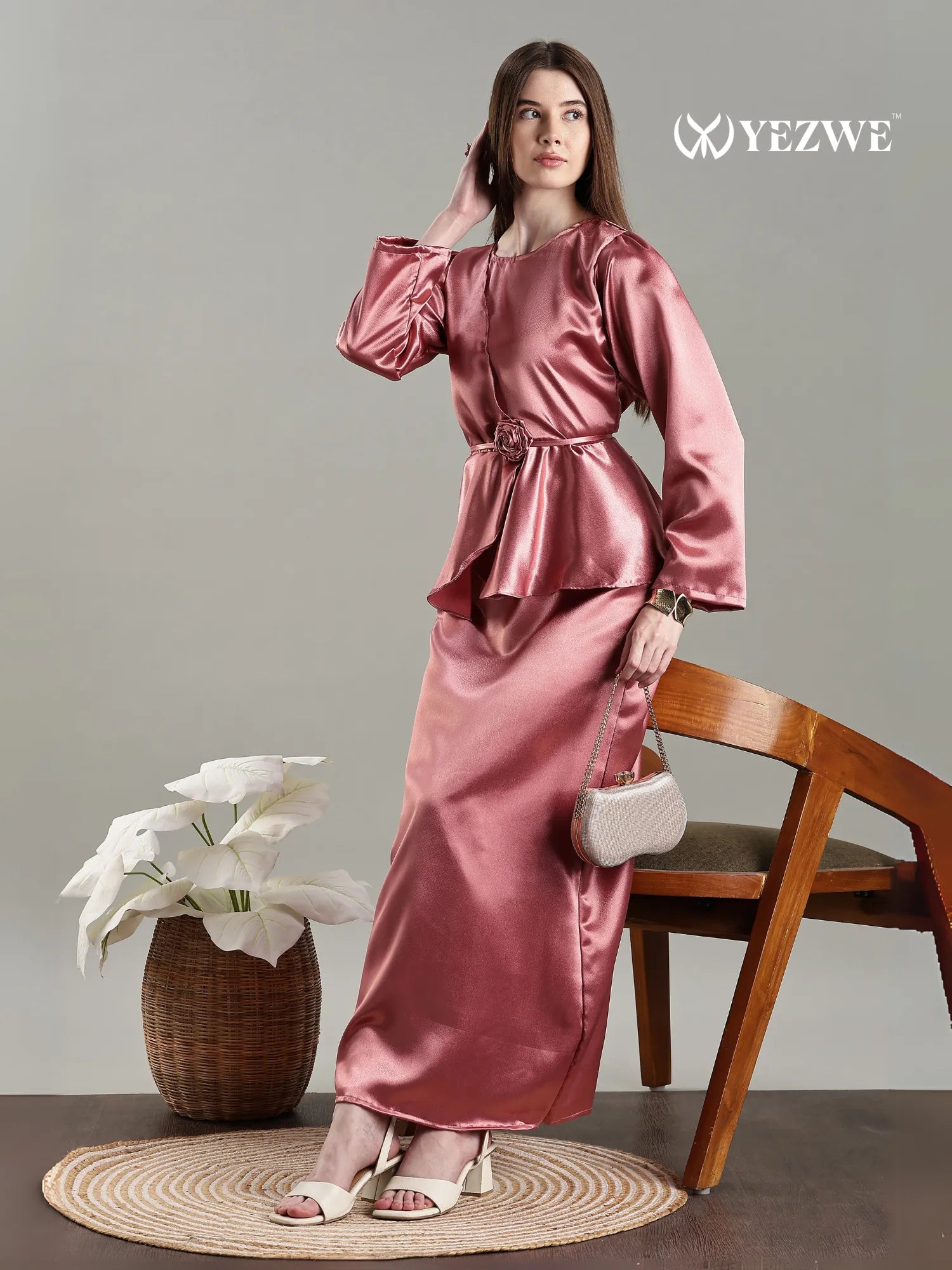 YEZWE Dusty pink Satin Modest Co-Ord Set with Long Sleeves and Elegant Belted Design