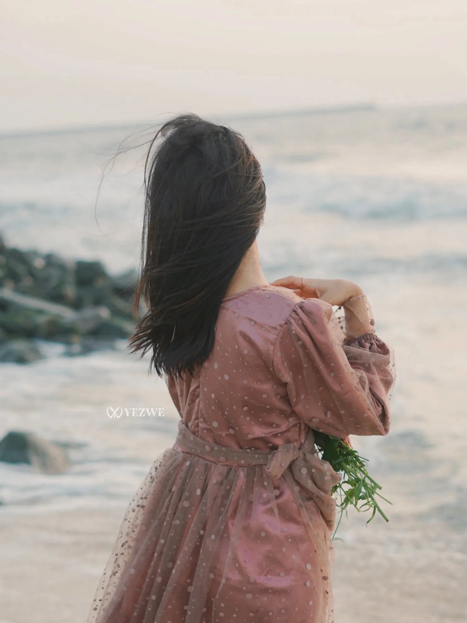 Yezwe dusty rose modest gown with puff sleeves, perfect for beach outings and special occasions