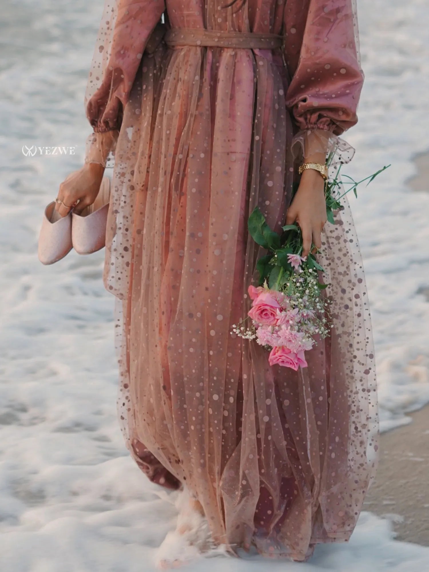 Yezwe dusty rose modest gown with sheer overlay and floral details, perfect for special occasions
