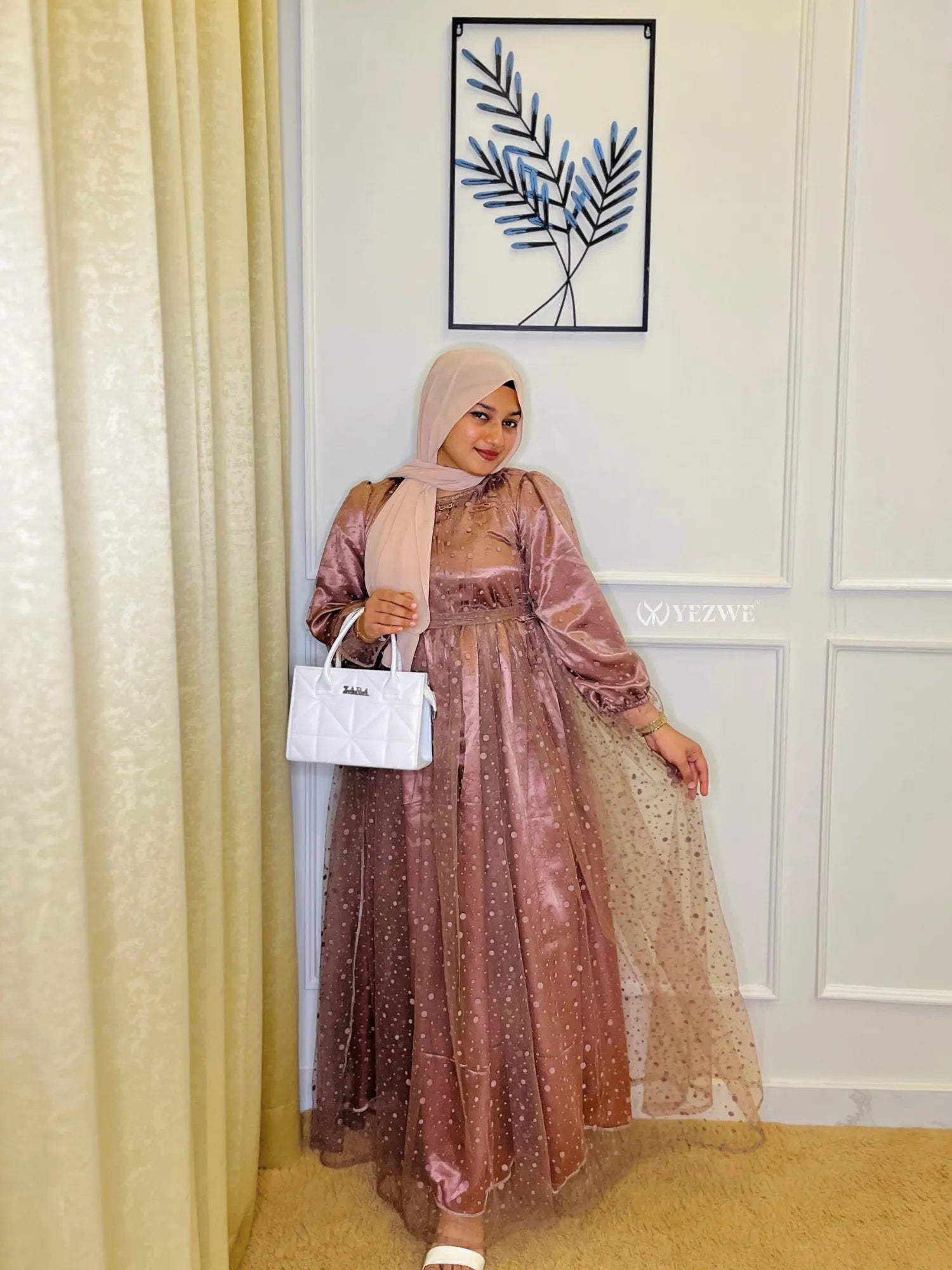 Yezwe dusty rose modest gown with sheer overlay and long sleeves, perfect for special occasions