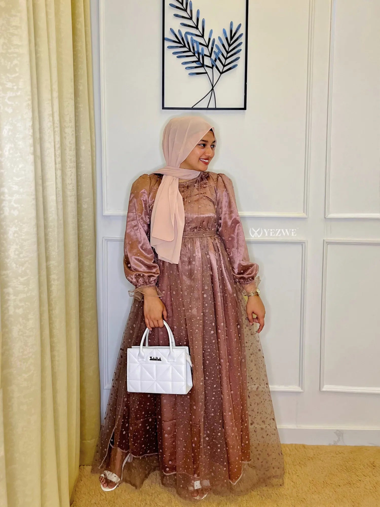 Yezwe Dusty Rose Modest Gown with Elegant Sheer Overlay and Long Sleeves