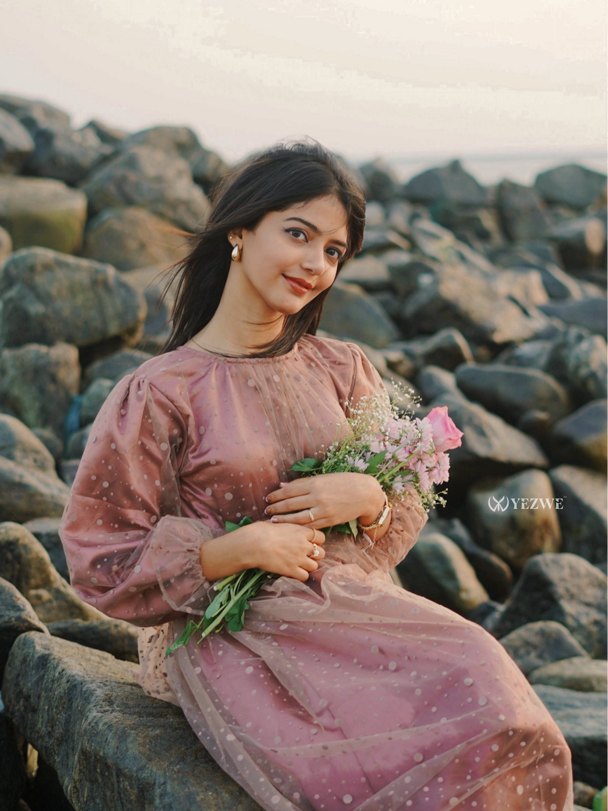 Yezwe dusty rose modest gown with puff sleeves, perfect for outdoor events and elegant occasions