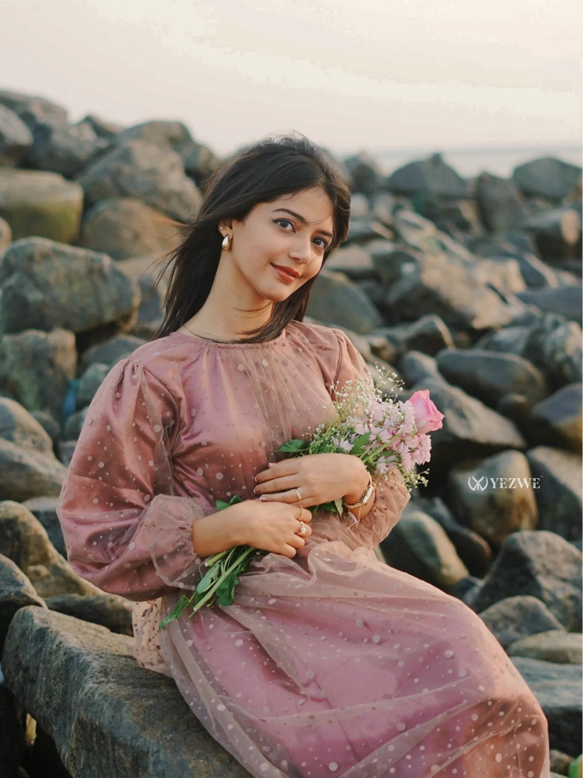 Yezwe dusty rose modest gown with puff sleeves, perfect for outdoor events and elegant occasions