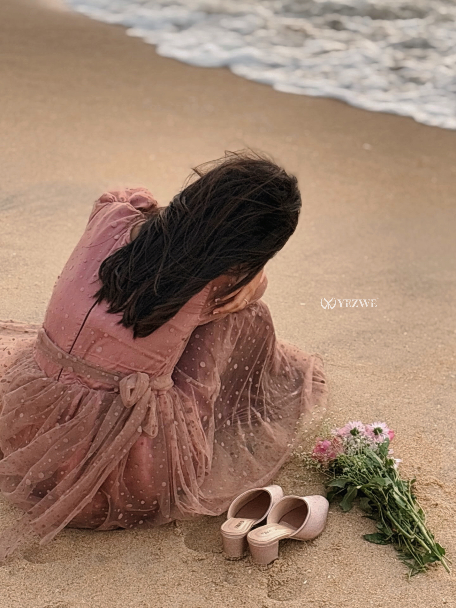 Yezwe dusty rose modest gown designed with tulle details, perfect for beach outings and special occasions
