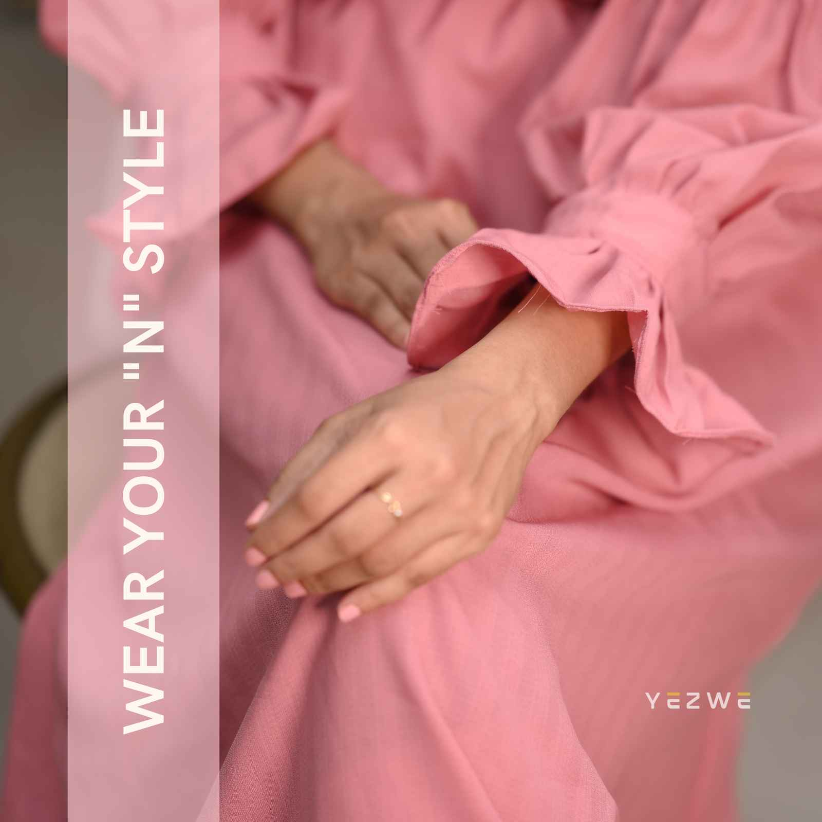 Yezwe elastic waist maxi dress in soft pink, featuring flowing sleeves and comfortable design