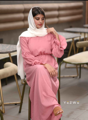 Yezwe pink elastic waist maxi dress with long sleeves, perfect for casual outings and comfortable wear